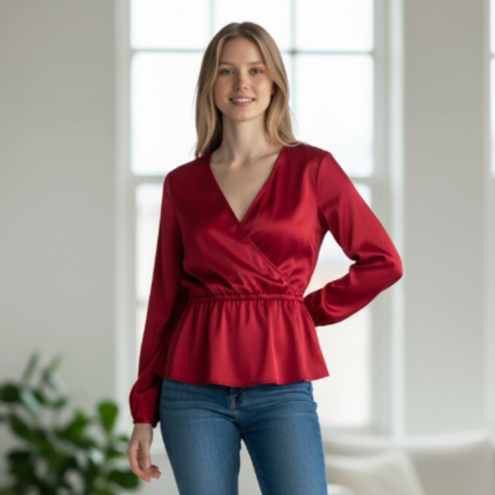 NEW J. Crew Satin Surplice Long Sleeve Peplum Top